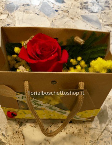 Borsetta con mimosa e rosa rossa