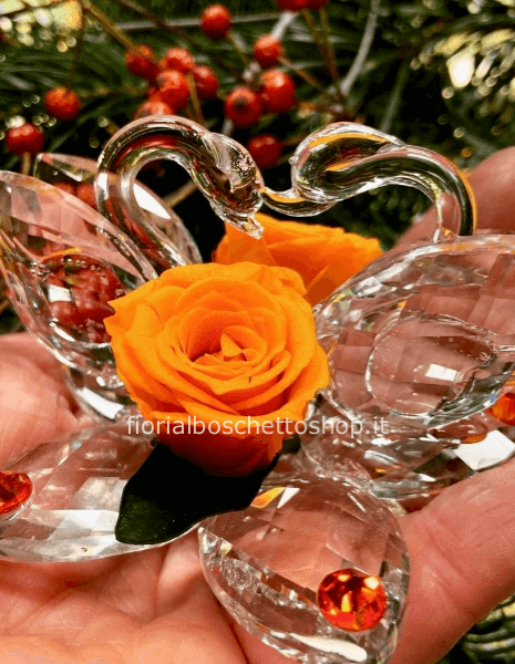 Rosa stabilizzata su coppia grande di cigni in cristallo