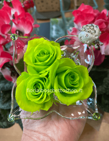 Cestino tre rose stabilizzate e coccinella